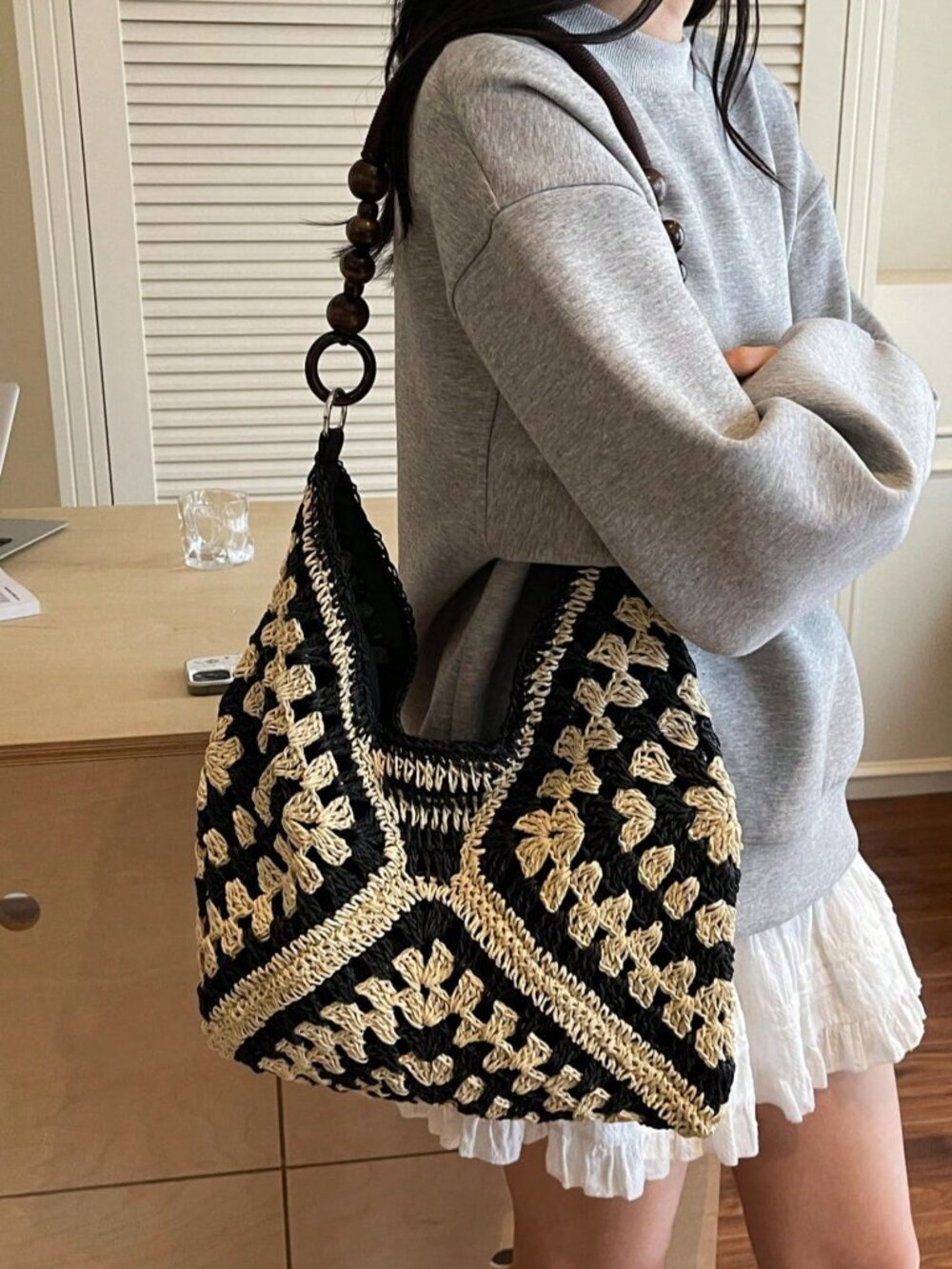 Black Casual Women's Crochet Patchwork Shoulder Bag –